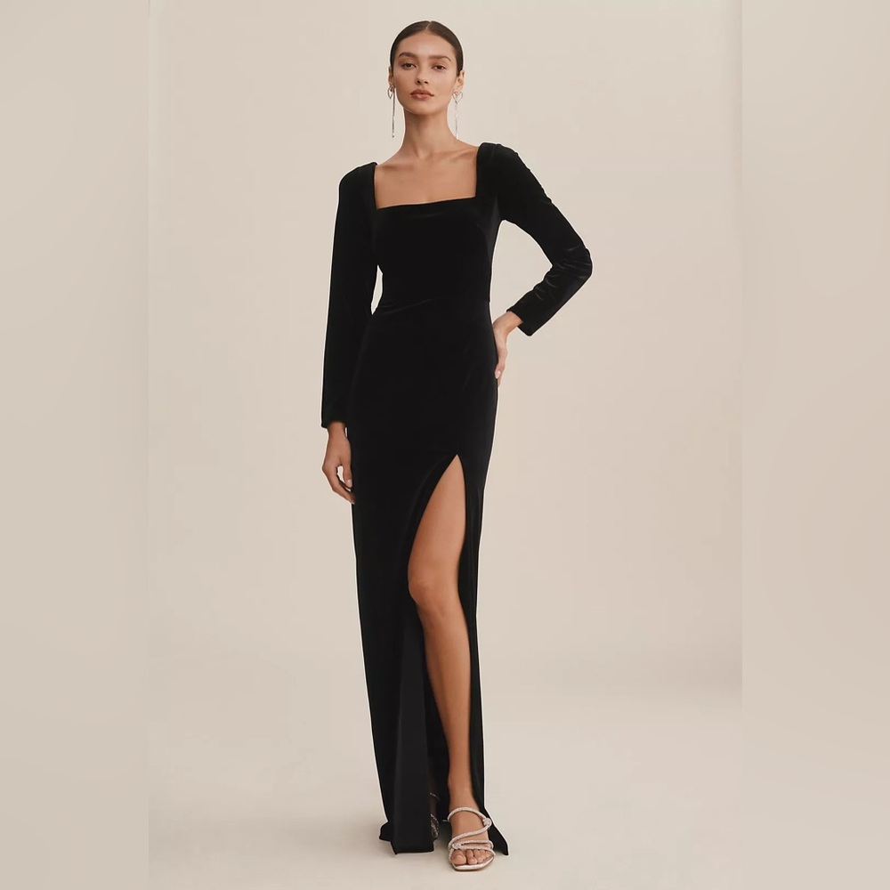 Jenny Yoo Rachel Velvet Gown Square Neck Long Sleeve Side Slit Black Size 14